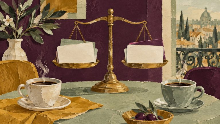 Brass scales and two cups on a French café table