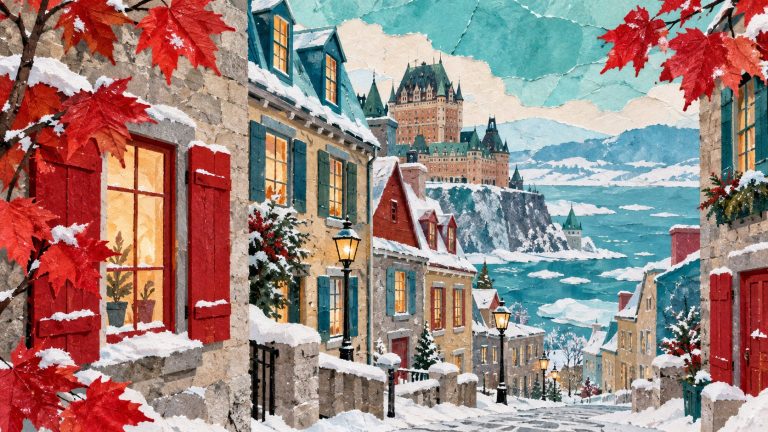Winter Quebec streetscape with red maple leaves in handmade collage
