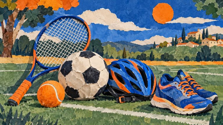 Tennis, football and cycling equipment in colorful paper collage