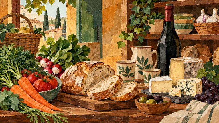 French market pantry with bread, cheese, vegetables and ceramic cups