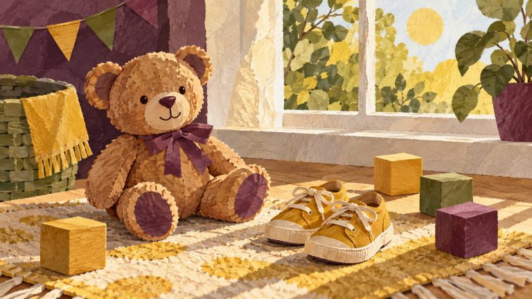 Toddler shoes, teddy bear and wooden blocks