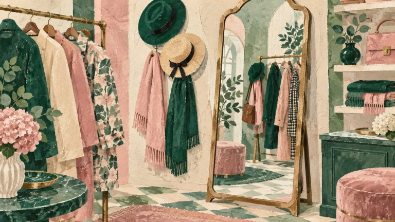 Mirror with coats, hats and scarves for physical appearance vocabulary