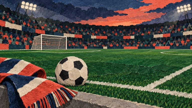 Football and goal on an empty stadium pitch in paper collage