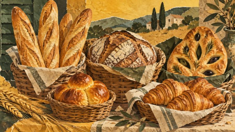 Assorted French breads in wicker baskets