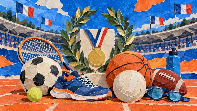 French sports equipment and Olympic medal